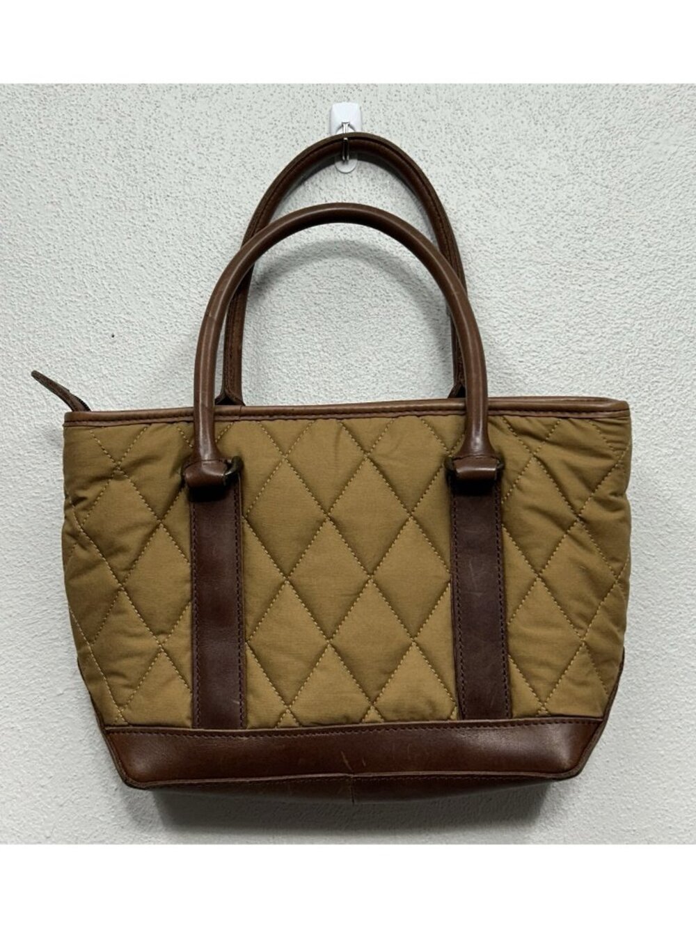 LL Bean Quilted Leather Tote Hand Bag Brown Purse Tan Zippered Pocket Y2K 283373 - Picture 3 of 13